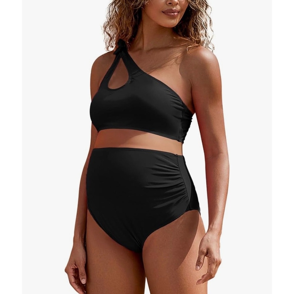 DEBELLY Maternity One-Shoulder Cutout Bikini Set – Black – Medium – NEW